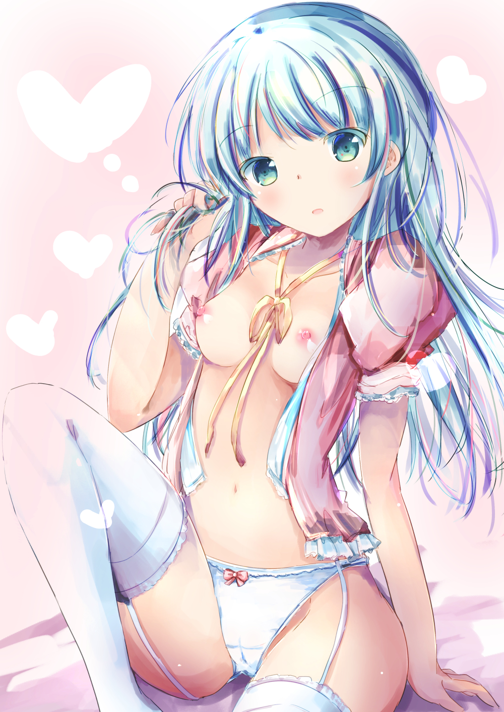 1girl arm_support bangs blue_hair bow bow_panties breasts collarbone commentary_request eyebrows_visible_through_hair garter_straps green_eyes hand_up heart highres jacket knee_up long_hair looking_at_viewer medium_breasts neck_ribbon nipples open_clothes open_jacket open_shirt original panties parted_lips pink_jacket puffy_short_sleeves puffy_sleeves ribbon shihou_haru shirt short_sleeves sitting solo underwear very_long_hair white_panties white_shirt yellow_ribbon