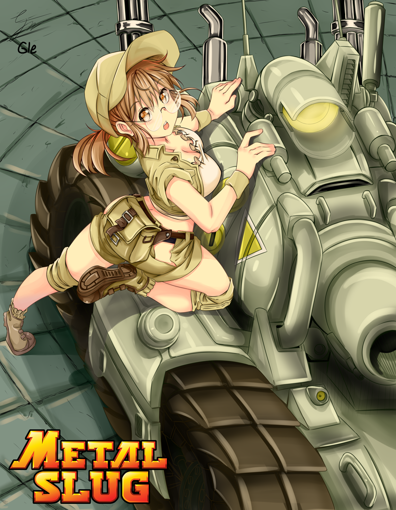 1girl artist_name breasts brick_road brown_eyes brown_hair caterpillar_tracks fio_germi gie glasses ground_vehicle hat metal_slug midriff military military_vehicle motor_vehicle open_mouth panties ponytail shorts signature snk sv001_(metal_slug) tank tank_top underwear white_tank_top