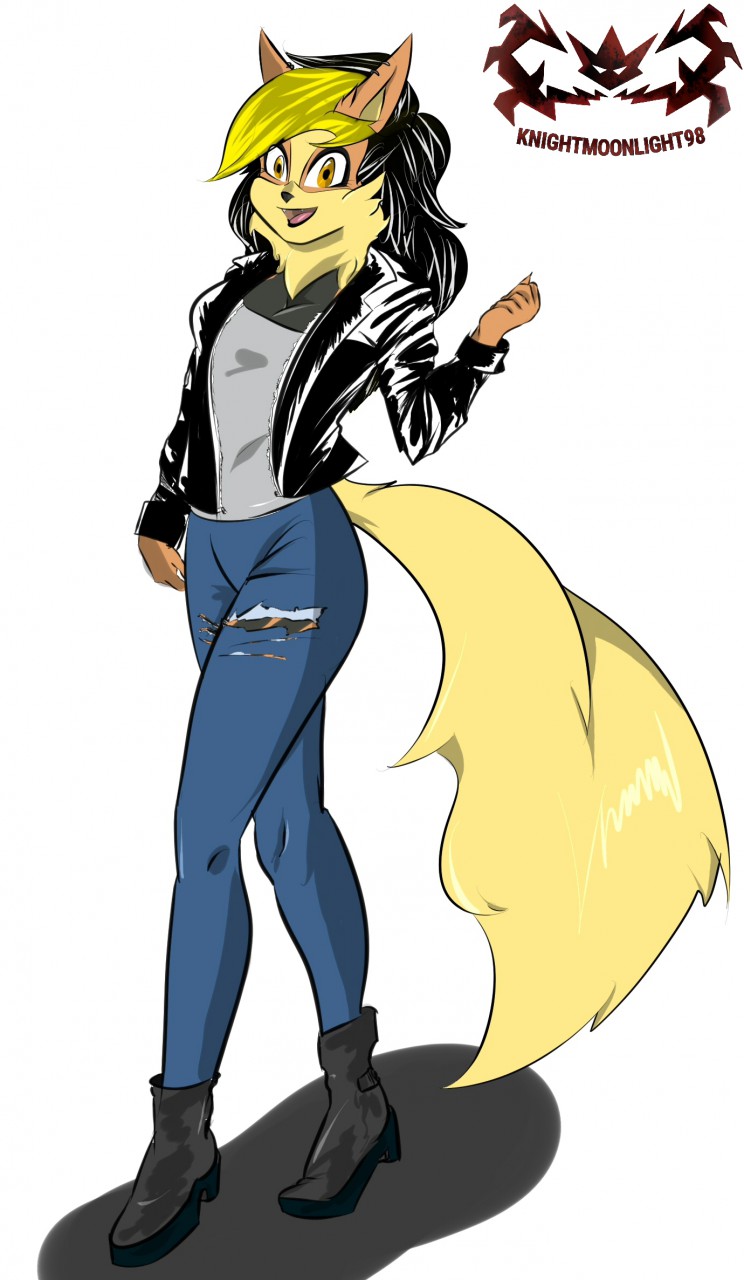 anthro arcanine black_hair blonde_hair breasts clothed clothing fangs female fluffy fluffy_tail fur hair hi_res knightmoonlight98 multicolored_hair nintendo open_mouth open_smile orange_body orange_fur pok&eacute;mon pok&eacute;mon_(species) simple_background smile solo tongue two_tone_hair video_games white_background