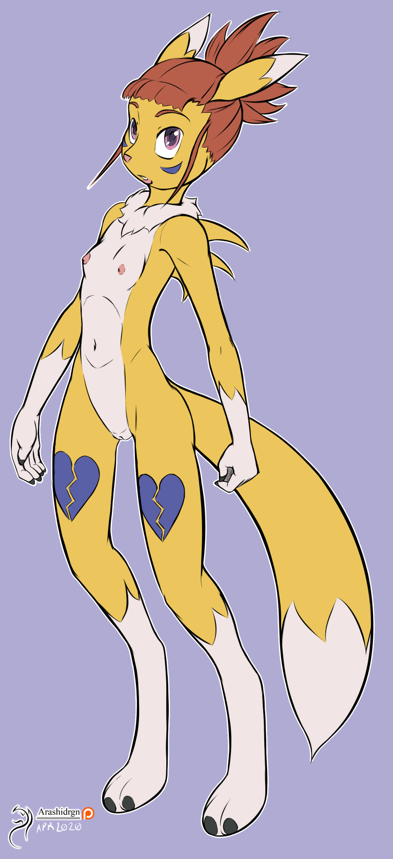 2020 alternate_species anthro arashidrgn breasts canid canine claws digimon digimon_(species) female fur genitals hair hi_res mammal nipples nude pussy renamon rika_nonaka solo white_body white_fur yellow_body yellow_fur