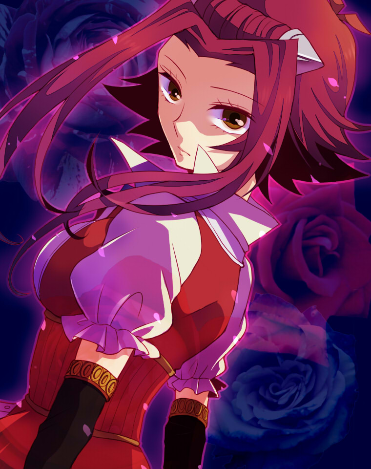 1girl black_gloves blue_background blue_flower blue_rose breasts brown_eyes closed_mouth elbow_gloves floating_hair flower from_side gloves hair_intakes izayoi_aki looking_at_viewer medium_breasts mikami_(mkm0v0) purple_shirt red_hair rose shiny shiny_hair shirt short_hair_with_long_locks short_sleeves sidelocks solo yuu-gi-ou yuu-gi-ou_5d's