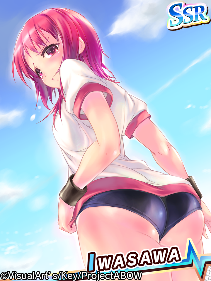 1girl angel_beats! artist_request ass bangs breasts character_name cloud commentary_request eyebrows_visible_through_hair iwasawa looking_at_viewer medium_hair official_art outdoors red_eyes red_hair short_sleeves sky solo