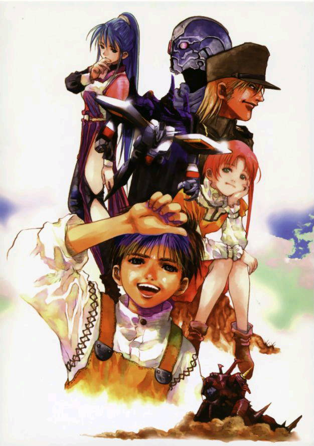1990s_(style) character_name character_request cloud damaged dress dust hat looking_at_viewer mecha military military_uniform multiple_boys multiple_girls nataruma official_art official_style oldschool orguss orguss_02 orguss_02_(mecha) overalls production_art promotional_art riin_(orguss_02) robot scan science_fiction spikes toria_(orguss_02) traditional_media uniform
