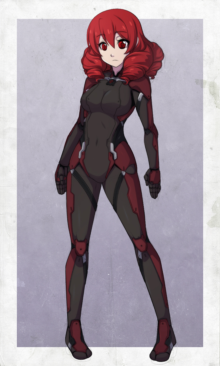 1girl android breasts chuunioniika cleavage commentary drill_hair drill_kill english_commentary eyebrows_visible_through_hair fearless_night full_body hair_between_eyes highres long_hair medium_breasts no_toes original photoshop_(medium) quad_drills red_eyes red_hair solo standing symbol-shaped_pupils