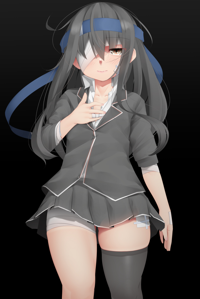 1girl bandage_over_one_eye bandaged_arm bandaged_fingers bandaged_hand bandaged_leg bandages bangs black_background black_hair black_jacket black_legwear black_skirt blue_headwear blush closed_mouth eyebrows_visible_through_hair grey_eyes hand_on_own_chest hatsushimo_(kantai_collection) headband highres jacket kantai_collection long_hair ne_an_ito pleated_skirt remodel_(kantai_collection) shirt simple_background single_thighhigh skirt solo thighhighs white_shirt