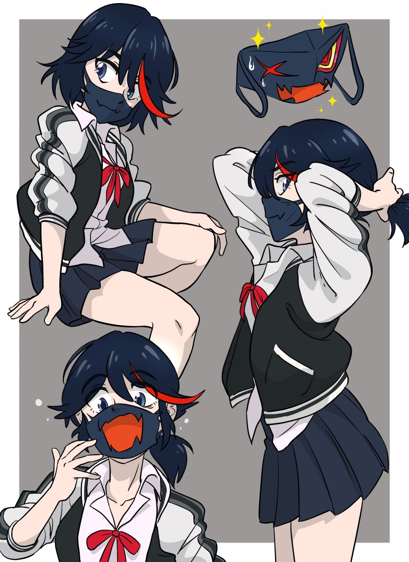 1girl alternate_costume alternate_hairstyle bangs black_hair black_jacket border centinel303 commentary eyebrows_visible_through_hair from_side grey_background hand_up hands_up invisible_chair jacket kill_la_kill looking_at_viewer mask matoi_ryuuko mouth_mask multicolored_hair multiple_views pleated_skirt senketsu short_hair sitting skirt white_border white_jacket