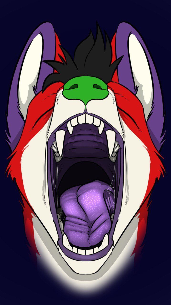 2019 akudrache ambiguous_gender anthro biped black_hair bodily_fluids canid canine cheek_tuft compression_artifacts countershading digital_drawing_(artwork) digital_media_(artwork) facial_tuft fangs fox front_view fur fur_tuft green_nose hair headshot_portrait hi_res hungry imminent_vore majira_strawberry mammal mouth_shot nude open_mouth oral_vore portrait purple_background purple_ears purple_tongue red_body red_fur saliva saliva_string short_hair simple_background solo teeth tongue tuft vore white_body white_countershading white_fur