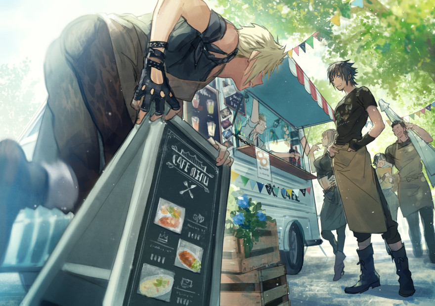 2girls 4boys alternate_costume apron aranea_highwind black_hair blonde_hair boots brother_and_sister brown_hair carrying final_fantasy final_fantasy_xv food_stand gladiolus_amicitia gloves high_heels holding ignis_scientia iris_amicitia midriff multiple_boys multiple_girls noctis_lucis_caelum open_mouth outdoors p-nekor prompto_argentum short_hair siblings smile spiked_hair waist_apron