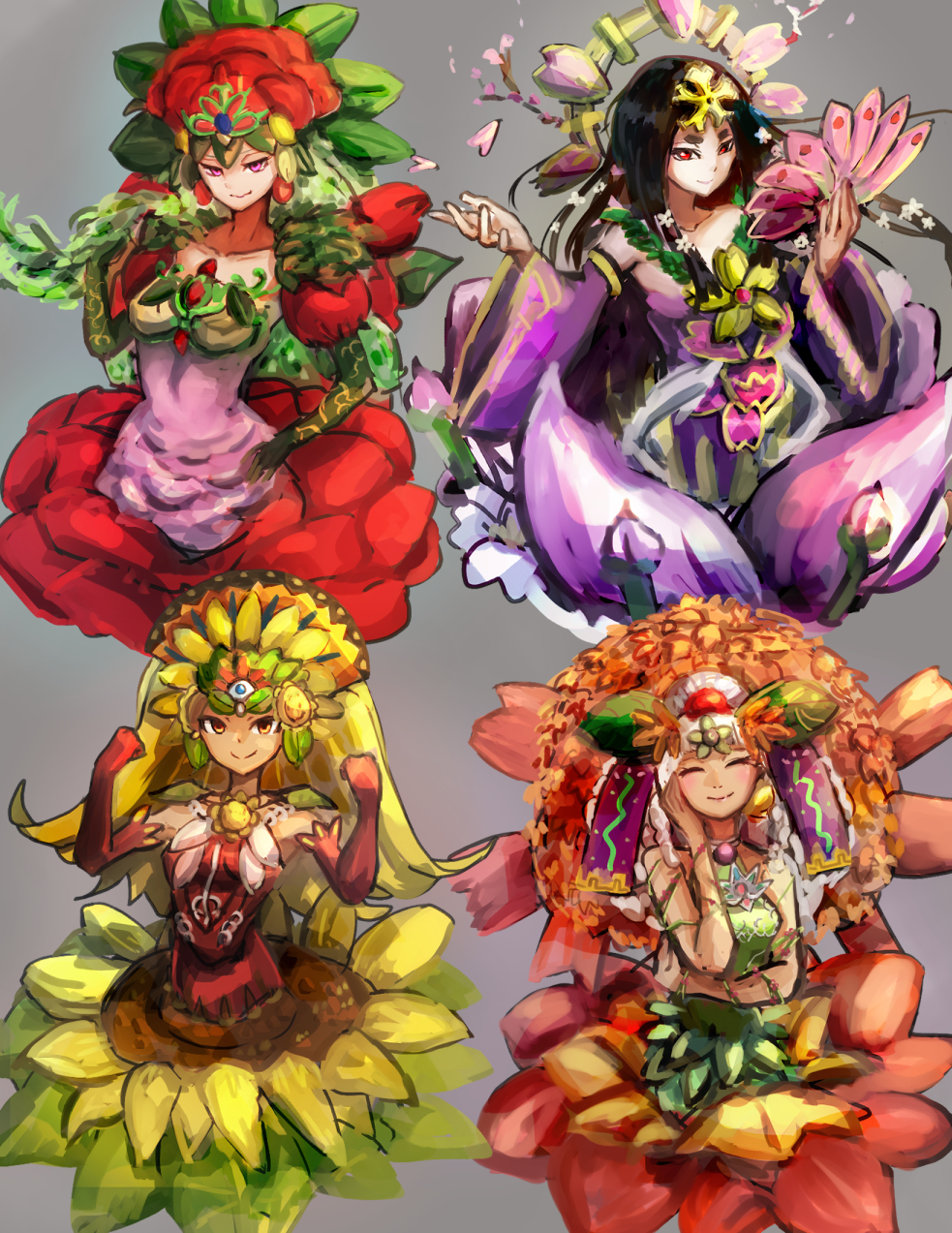 4girls ^_^ alraune black_hair blonde_hair breasts chirubime_princess_of_autumn_leaves clenched_hands closed_eyes closed_mouth commentary_request detached_sleeves duel_monster elbow_gloves facing_viewer fan flower gloves grey_background hair_ornament half-closed_eyes hand_on_hip hand_on_own_cheek hatano_kiyoshi highres holding holding_fan japanese_clothes long_hair looking_at_viewer marina_princess_of_sunflowers monster_girl multiple_girls orange_eyes pink_eyes plant_girl red_eyes simple_background smile talaya_princess_of_cherry_blossoms tytannial_princess_of_camellias wide_sleeves yuu-gi-ou
