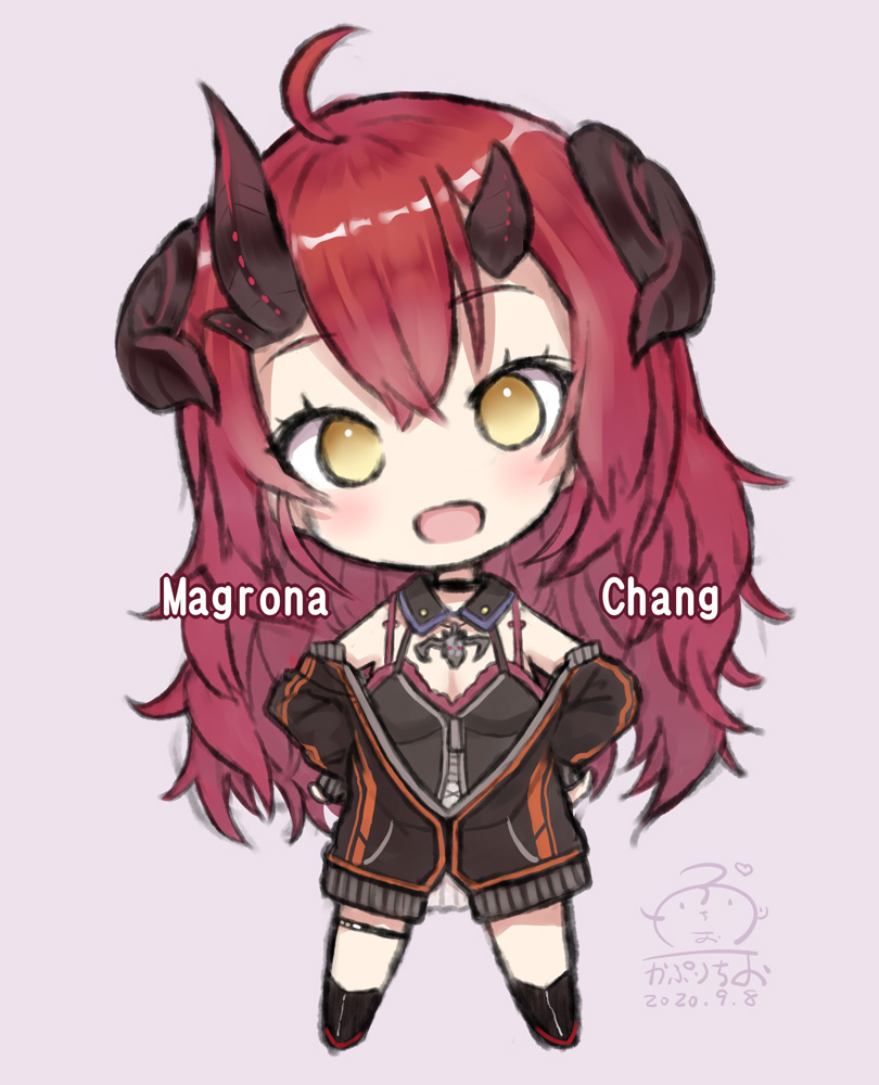 1girl :d ahoge bangs black_camisole black_jacket black_legwear blush breasts brown_background brown_eyes camisole capriccio character_name chibi commentary_request curled_horns dated demon_horns eyebrows_visible_through_hair full_body hair_between_eyes hands_on_hips head_tilt horns jacket long_hair long_sleeves looking_at_viewer magrona magrona_channel off_shoulder open_clothes open_jacket open_mouth red_hair signature simple_background sleeves_past_wrists small_breasts smile socks solo standing very_long_hair virtual_youtuber