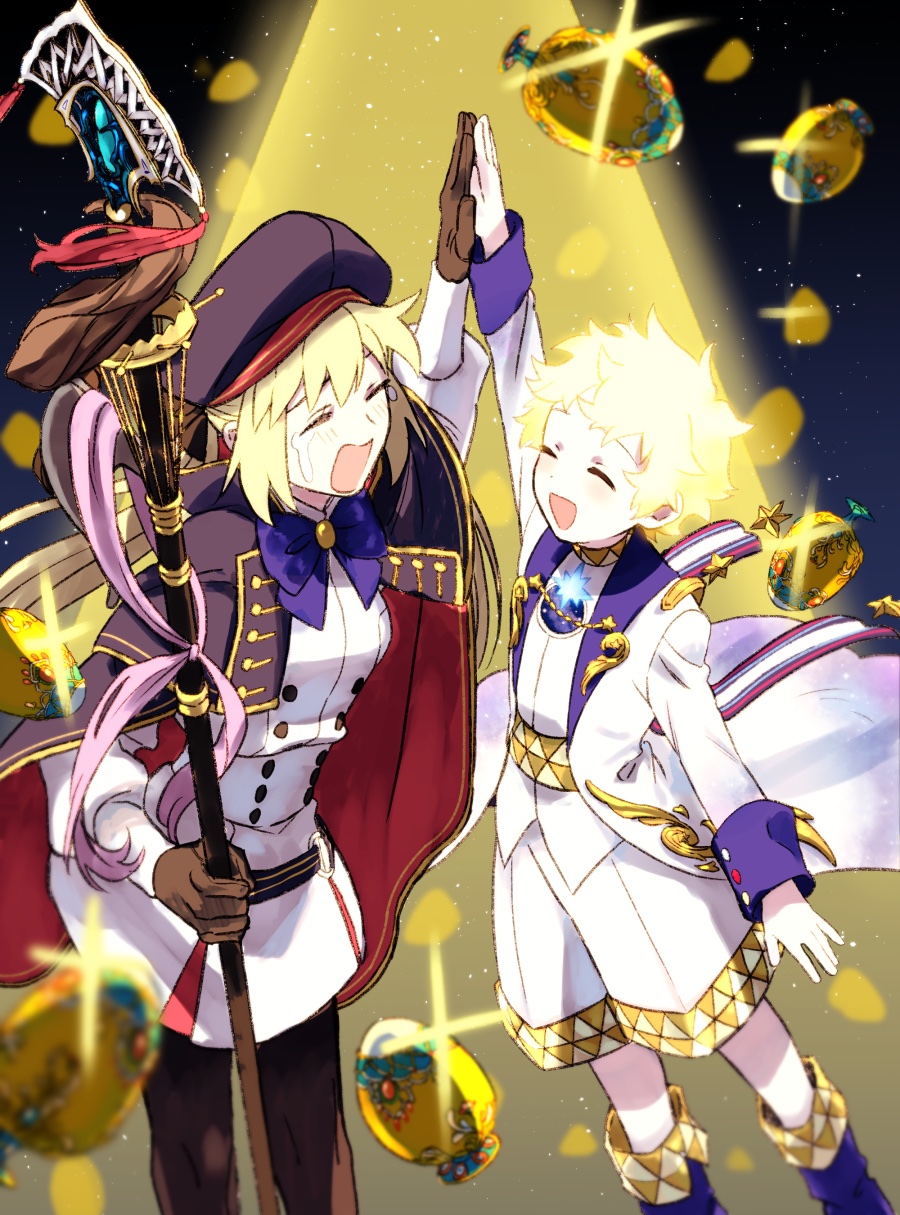 1boy 1girl artoria_pendragon_(all) artoria_pendragon_(caster) beret blonde_hair bow cape closed_eyes dress egg fate/grand_order fate_(series) gloves golden_egg hat high_five highres pantyhose pspsno_pan shorts smile spotlight staff voyager_(fate/requiem)