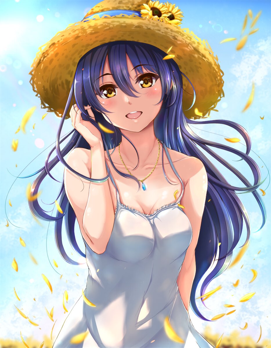 1girl arm_behind_back bangs bare_shoulders blue_hair blush ca_ba_ya_ki commentary_request day dress eyebrows_visible_through_hair floating_hair flower hair_between_eyes hand_in_hair hat highres jewelry long_dress long_hair looking_at_viewer love_live! love_live!_school_idol_project necklace open_mouth outdoors sky sleeveless sleeveless_dress smile solo sonoda_umi standing straw_hat sun_hat sundress sunflower white_dress wind yellow_eyes