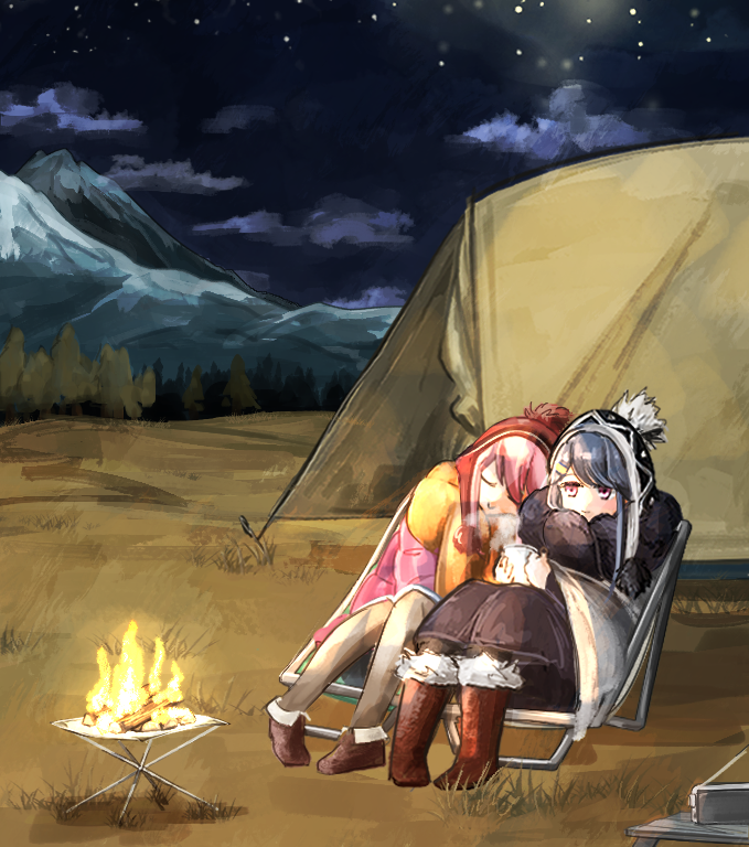 2girls blue_hair boots campfire camping camping_chair chair closed_eyes cloud coffee coffee_cup commentary cup disposable_cup fire forest grass hat head_on_another's_shoulder kagamihara_nadeshiko long_hair mountain multiple_girls nature night night_sky outdoors pink_hair purple_eyes radio scarf shima_rin sitting sky sleeping smile star_(sky) starry_sky steam suda tent tree winter_clothes yuri yurucamp