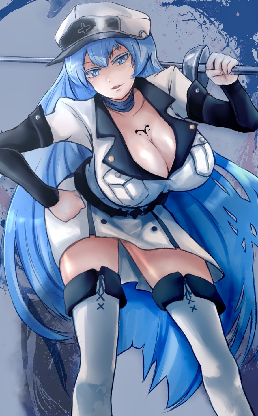 1girl akame_ga_kill! blue_eyes blue_hair boots breasts chest_tattoo choker cleavage esdeath eyebrows_visible_through_hair hair_between_eyes hat highres large_breasts long_hair military military_uniform peaked_cap rapier smile solo sword tattoo thigh_boots thighhighs uniform very_long_hair weapon