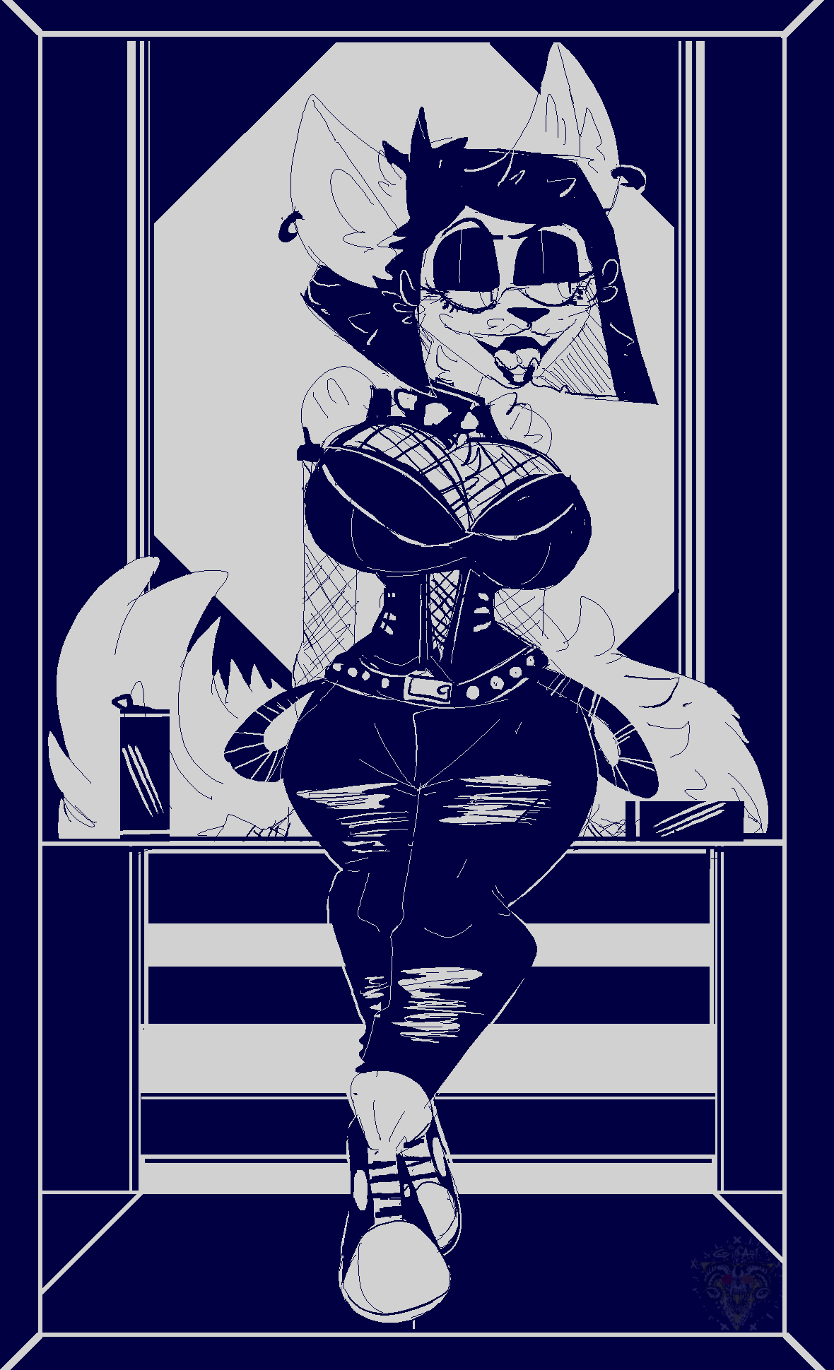 1990s anthro athletic athletic_anthro athletic_female big_breasts black_hair bottomwear breasts canid canine chain clothing collar corset digital_drawing_(artwork) digital_media_(artwork) edgy eyeshadow fangs female fluffy fluffy_tail fox goth hair hi_res hybrid jeans lingerie long_tail madnessandgiovanni0595 makeup mammal monochrome pants piercing pixelated pose simple_background solo spikes topwear wide_hips