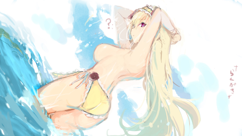 1girl ? arms_up ass back bare_back bikini blonde_hair bracelet breasts breasts_outside closed_mouth commentary_request flower hair_ornament jewelry large_breasts leo_(senran_kagura) long_hair looking_at_viewer looking_back ocean official_art purple_eyes senran_kagura shoulder_blades side-tie_bikini simple_background solo standing swimsuit very_long_hair wading water yaegashi_nan yellow_bikini
