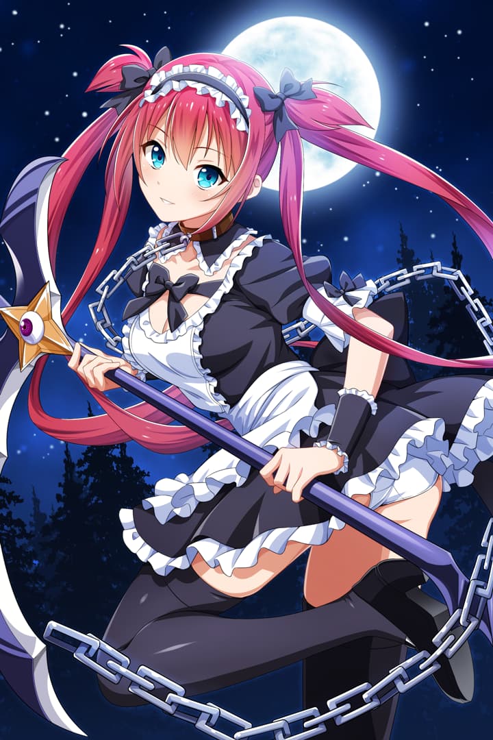 1girl airi_(queen's_blade) apron ass black_dress black_footwear black_legwear black_ribbon blue_eyes bow bowtie breasts chain cleavage crotch_seam dress frills full_moon hair_bow hair_ribbon holding holding_weapon leash long_hair looking_at_viewer maid maid_apron maid_headdress mary_janes medium_breasts moon night panties puffy_short_sleeves puffy_sleeves queen's_blade queen's_blade_unlimited queen's_blade_white_triangle red_hair ribbon scythe shoes short_sleeves smile solo thighhighs twintails two_side_up underwear very_long_hair weapon white_apron white_panties wrist_cuffs