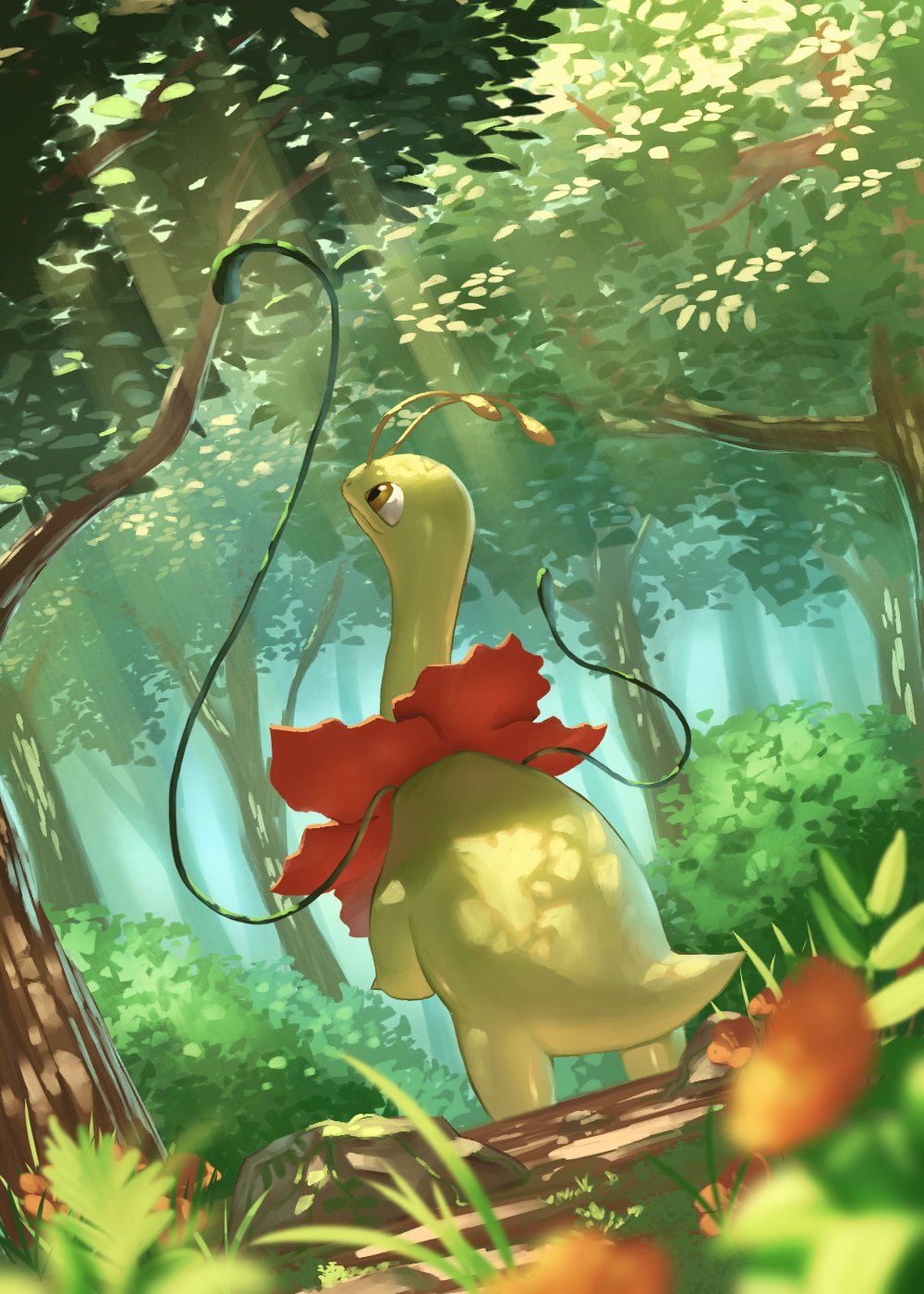 antennae blurry_foreground bush closed_mouth commentary_request day forest from_below gen_2_pokemon grass highres light_rays looking_up meganium nature outdoors plant pokemon pokemon_(creature) smile standing sunbeam sunlight supearibu tree vines