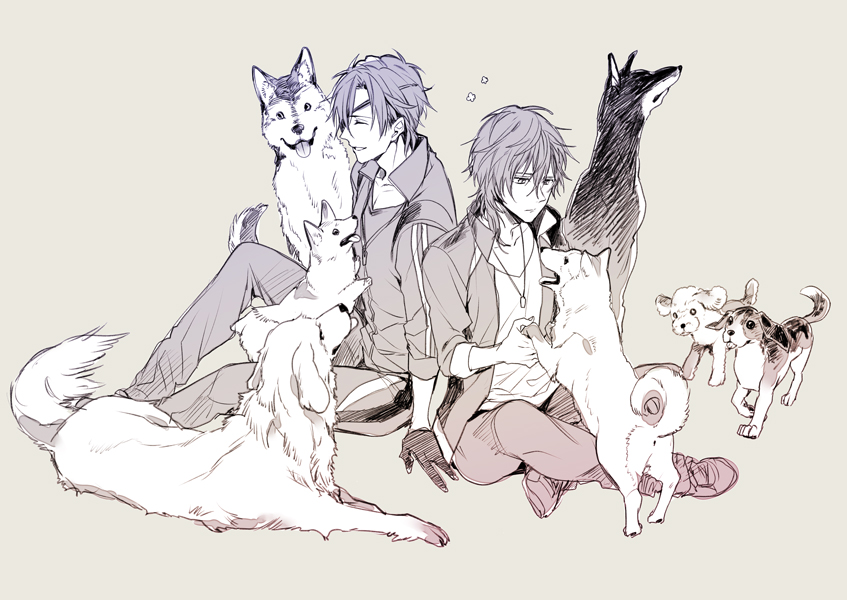 2boys black_gloves closed_eyes dog eyepatch gloves greyscale indian_style jacket kuroemon male_focus monochrome multiple_boys ookurikara shokudaikiri_mitsutada sitting smile touken_ranbu track_jacket