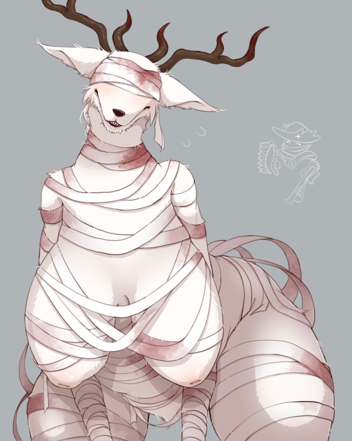 4:5 anthro antlers bandage beast_(bloodborne) big_breasts bloodborne breasts canid canine curvy_figure female fromsoftware fur hi_res horn huge_breasts inverted_nipples mammal monster nipples sagging_breasts solo sony_corporation sony_interactive_entertainment teeth thick_thighs tokumori_kaisen vicar_amelia video_games voluptuous white_body white_fur