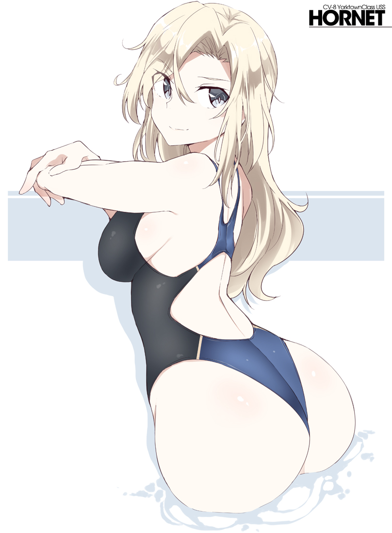 1girl ass blonde_hair character_name competition_swimsuit from_behind grey_eyes highleg highleg_swimsuit hornet_(kantai_collection) kantai_collection long_hair looking_at_viewer looking_back one-piece_swimsuit smile soaking_feet solo souji swimsuit two-tone_background two-tone_swimsuit water white_background