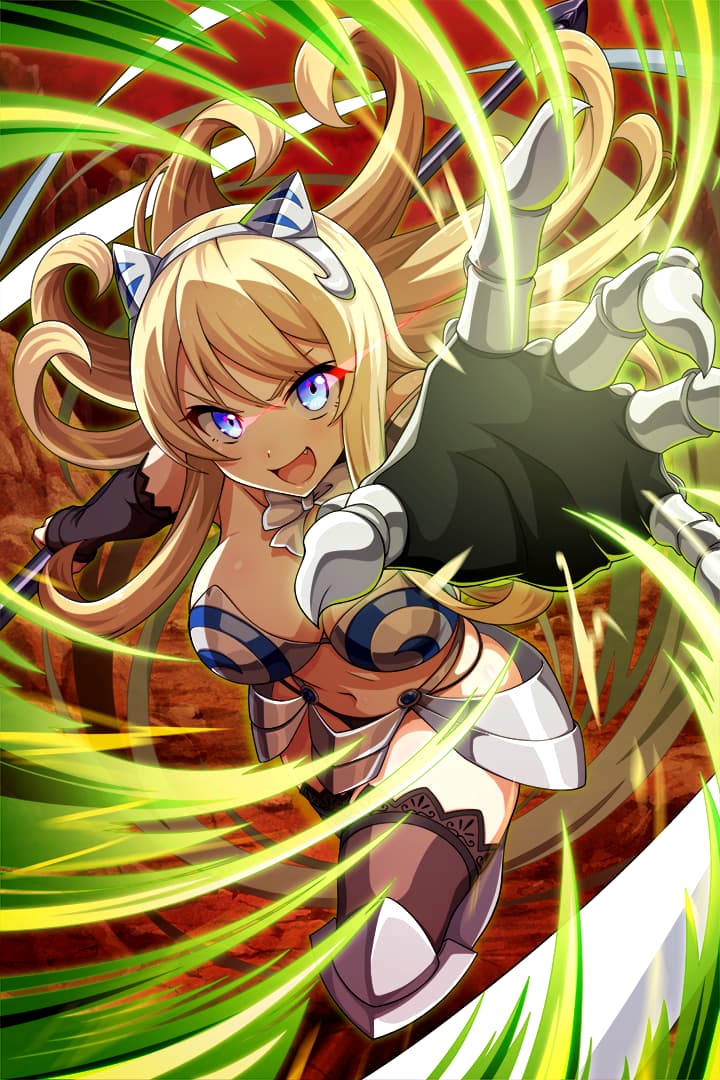 1girl armor aura bangs bikini_armor black_legwear black_panties blonde_hair blue_eyes bow bowtie breasts elina fang gauntlets greaves headgear highleg highleg_panties holding holding_weapon large_breasts long_hair looking_at_viewer navel official_art open_mouth outstretched_hand panties polearm queen's_blade queen's_blade_unlimited queen's_blade_white_triangle sidelocks single_gauntlet solo spear thighhighs underwear weapon