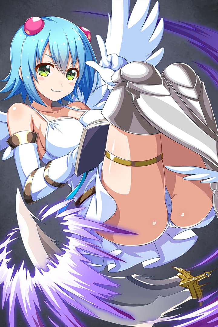 1girl angel_wings ass asymmetrical_wings blue_hair breasts chemise cleavage closed_mouth collarbone elbow_gloves floating gloves greaves green_eyes hair_bobbles hair_ornament index_finger_raised large_breasts looking_at_viewer nanael official_art panties pantyshot polka_dot polka_dot_panties queen's_blade queen's_blade_unlimited queen's_blade_white_triangle short_hair silver_background smile solo sword thighs underwear weapon white_gloves white_wings winged_footwear wings