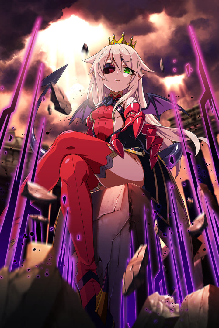 1girl aldra_(queen's_blade) armor armored_dress black_sclera boots breasts crossed_legs crown curled_horns demon_girl demon_horns demon_tail demon_wings elbow_gloves eyepatch fang gauntlets gloves greaves green_eyes high_heels horns long_hair official_art platinum_blonde_hair pointy_ears queen's_blade queen's_blade_unlimited queen's_blade_white_triangle sidelocks sitting small_breasts smile solo tail thighhighs very_long_hair weapon wings