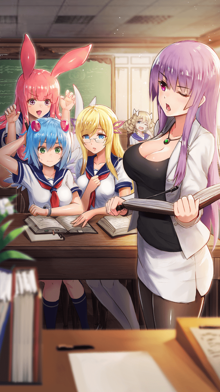 5girls alternate_costume angel_wings animal_ears asymmetrical_wings bangs black_legwear black_shirt blonde_hair blue_eyes blue_hair blue_sailor_collar blush blush_stickers book breasts bunny_ears claudette_(queen's_blade) cleavage collarbone curvy desk drill_hair eyebrows_visible_through_hair green_eyes hair_bobbles hair_ornament highres holding holding_book indoors jacket large_breasts long_hair looking_at_viewer melona melpha monster_girl multiple_girls nanael neckerchief official_art one_eye_closed open_mouth pantyhose pencil pencil_skirt pink_hair pink_slime platinum_blonde_hair prehensile_hair purple_eyes purple_hair queen's_blade queen's_blade_unlimited queen's_blade_white_triangle red_neckwear ribbon sailor_collar school_uniform shirt short_hair sidelocks sitting skirt slime slime_girl straight_hair symbol-shaped_pupils taut_clothes teacher thighs white_jacket white_legwear white_skirt white_wings wings wristband ymir_(queen's_blade)