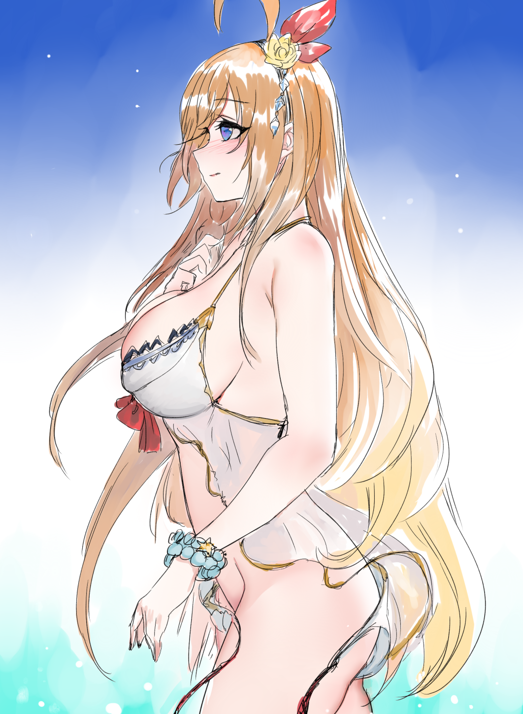 1girl ahoge bangs bare_arms bare_shoulders bikini blue_background blue_eyes blush breasts closed_mouth cowboy_shot eyebrows_visible_through_hair flower from_side gradient gradient_background hair_flower hair_ornament hair_ribbon hand_on_own_chest highres large_breasts long_hair nose_blush orange_hair pd_(pdpdlv1) pecorine_(princess_connect!) princess_connect! princess_connect!_re:dive profile red_ribbon ribbon rose scrunchie side-tie_bikini sideboob sketch solo star_(symbol) swimsuit untied untied_bikini very_long_hair wardrobe_malfunction white_bikini wrist_scrunchie yellow_flower yellow_rose