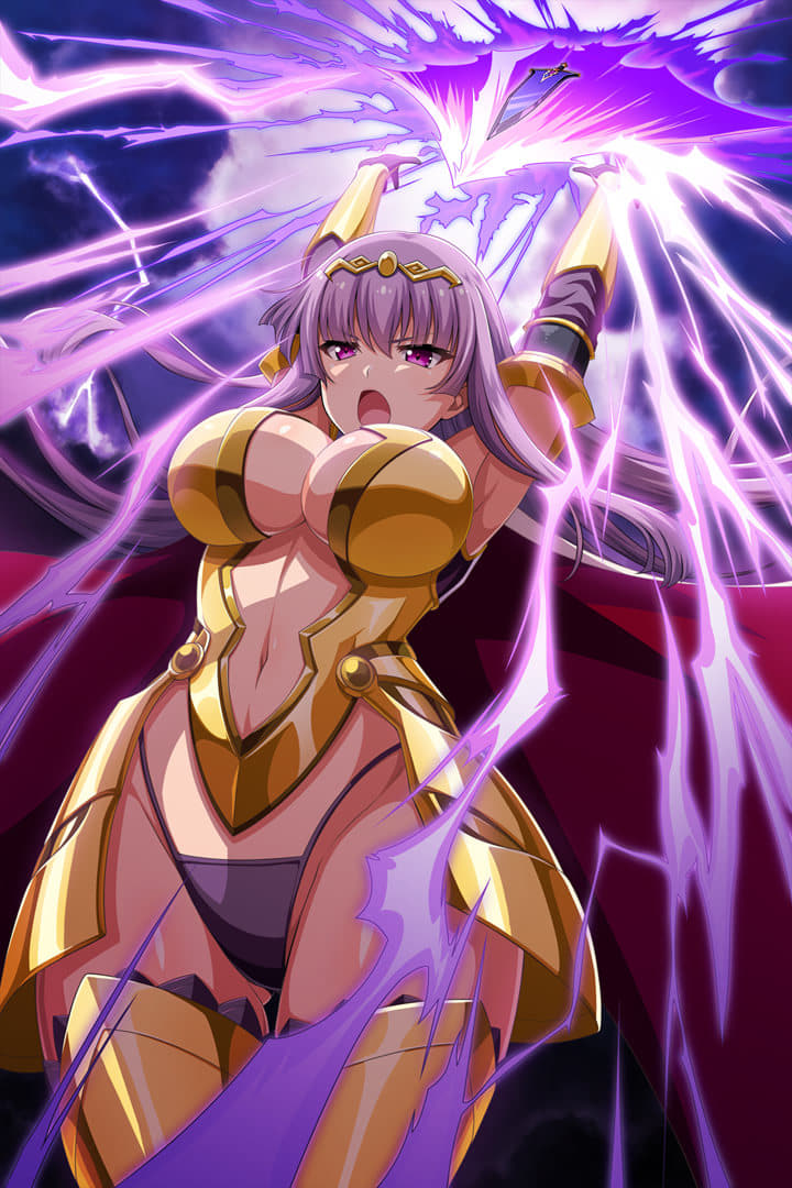 1girl armor armored_boots arms_up ass_visible_through_thighs attack aura bangs bikini_armor black_gloves blunt_ends boots breastplate breasts cape center_opening circlet claudette_(queen's_blade) cleavage_cutout curvy elbow_gloves g-string gloves gold_armor groin highleg highleg_panties huge_weapon large_breasts long_hair navel navel_cutout official_art open_mouth outline panties purple_eyes purple_hair purple_panties queen's_blade queen's_blade_unlimited queen's_blade_white_triangle red_cape shoulder_armor sidelocks solo spaulders standing straight_hair string_panties sword thighs thong underwear vambraces weapon