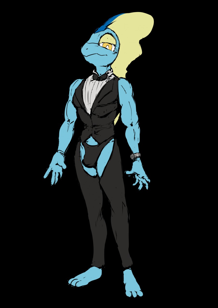 2020 3_toes anthro barefoot biceps biped black_tie_(suit) blue_body blue_scales bottomwear bow_tie bulge byondrage chameleon clock clothing comic crotchless_bottomwear crotchless_clothing crotchless_pants head_first hi_res inteleon lizard long_tail m-16 male nintendo ourboiroy pants pinup pok&eacute;mon pok&eacute;mon_(species) pose reptile scales scalie secret_agent sleeveless_jacket slim solo spy suit the_giga_competition thong toes topwear underwear vest video_games watch