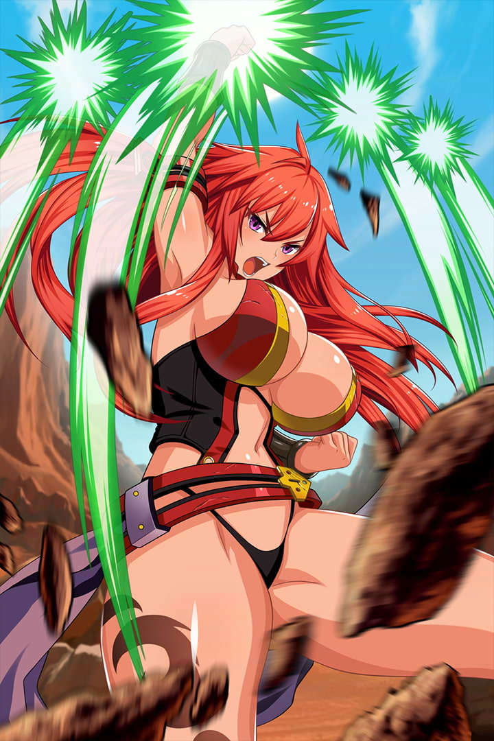1girl arm_strap attack belt black_panties breasts club day hair_between_eyes highleg highleg_panties large_breasts long_hair looking_at_viewer mace official_art open_mouth outdoors panties pink_eyes queen's_blade queen's_blade_unlimited queen's_blade_white_triangle red_hair revealing_clothes risty shield solo spiked_club tan thighs underwear vambraces weapon