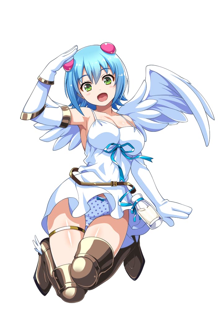 1girl angel_wings arm_up asymmetrical_wings blue_hair bow bow_panties breasts chemise cleavage collarbone elbow_gloves floating full_body gloves greaves green_eyes hair_bobbles hair_ornament large_breasts looking_at_viewer nanael official_art open_mouth panties polka_dot polka_dot_panties queen's_blade queen's_blade_unlimited queen's_blade_white_triangle short_hair solo thighs underwear white_background white_gloves white_wings winged_footwear wings