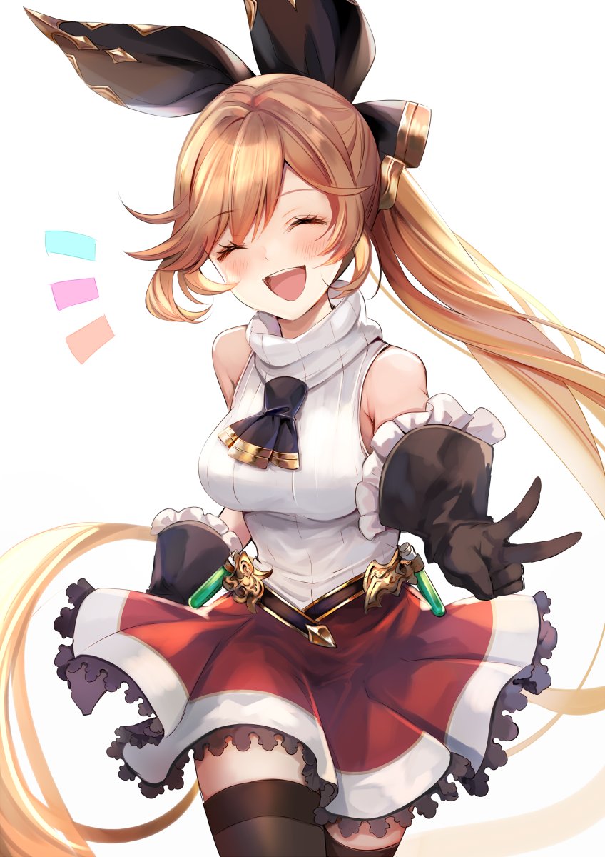 1girl aoi_(kirabosi105) bare_shoulders blush breasts brown_hair clarisse_(granblue_fantasy) closed_eyes commentary_request cowboy_shot eyebrows_visible_through_hair gloves granblue_fantasy highres long_hair medium_breasts open_mouth ponytail simple_background skirt smile solo teeth thighhighs tongue v white_background zettai_ryouiki