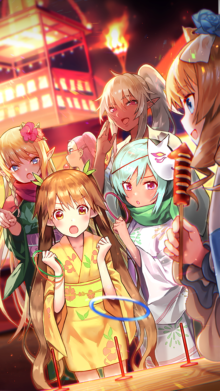 6+girls ahoge armor bangs blonde_hair blue_eyes blurry bow breasts brown_eyes brown_hair collarbone dark_elf dark_skin depth_of_field echidna_(queen's_blade) elf elina festival fire flower food glasses hair_bow hair_flower hair_ornament hair_ribbon hair_scrunchie highres holding japanese_clothes kimono large_breasts leina long_hair mask mei_(queen's_blade) multiple_girls night night_sky nowa official_art open_mouth outdoors pointy_ears ponytail profile purple_eyes purple_hair queen's_blade queen's_blade_unlimited queen's_blade_white_triangle red_eyes ribbon scarf scrunchie side_braids sidelocks silver_hair sky twintails very_long_hair yukata