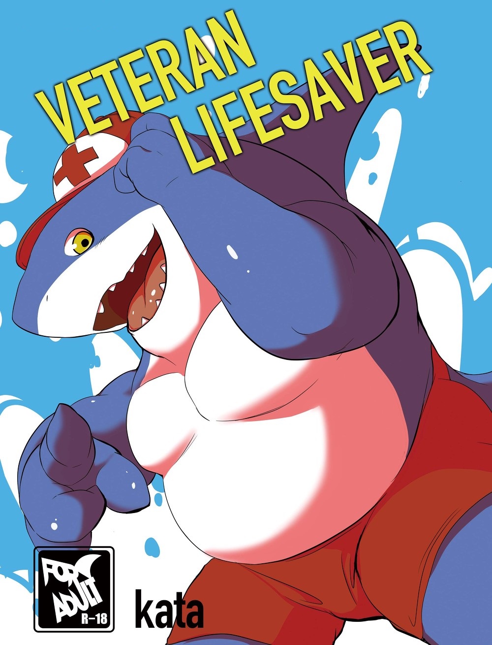 anthro big_muscles blush bottomwear clothing comic fin fish gesture hat headgear headwear hi_res katabreak male marine musclegut muscular muscular_anthro muscular_male open_mouth pointing shark shorts smile solo yellow_eyes