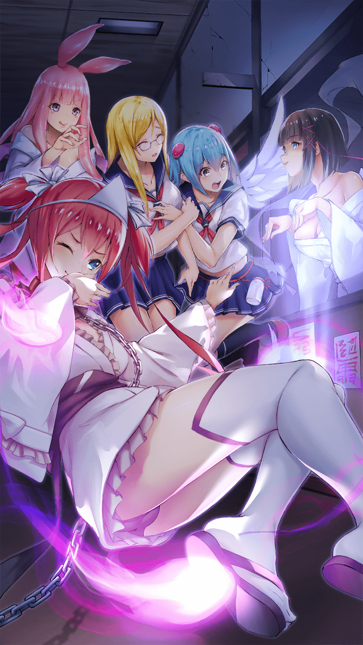 5girls airi_(queen's_blade) alternate_costume angel_wings animal_ears ass asymmetrical_wings bangs black_panties blonde_hair blue_eyes blue_hair blue_sailor_collar blunt_bangs blush blush_stickers bottle bow breasts bunny_ears chain cleavage collarbone dress fire floating green_eyes hair_bobbles hair_ornament haunted_house_(attraction) highres indoors japanese_clothes kimono large_breasts laughing leash long_hair melona melpha menace monster_girl multiple_girls nanael neckerchief official_art one_eye_closed open_mouth panties pink_hair prehensile_hair queen's_blade queen's_blade_unlimited queen's_blade_white_triangle red_neckwear ribbon sailor_collar sandals scared school_uniform shirt short_hair sidelocks skirt slime slime_girl spirit standing straight_hair symbol-shaped_pupils tears thighs tongue tongue_out triangular_headpiece underwear white_bow white_dress white_legwear white_wings wings wristband yukata