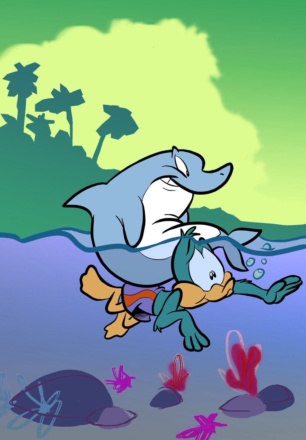 anatid anseriform anthro avian bird bottomwear carrying_another clothing duck duo feral fish hi_res juneduck21 male marine plucky_duck riding_on_back shark shorts swimming swimming_trunks swimwear tiny_toon_adventures underwater warner_brothers water young