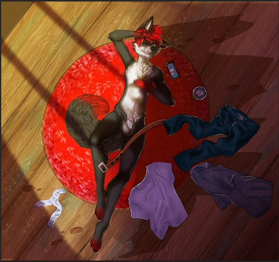 animal_genitalia anonymous_artist anthro ash_tray black_body black_fur canid canine carpet drugs fox fur genitals lucky_star_(character) male mammal nude phone red_body red_fur sheath solo stoned substance_intoxication white_body white_fur