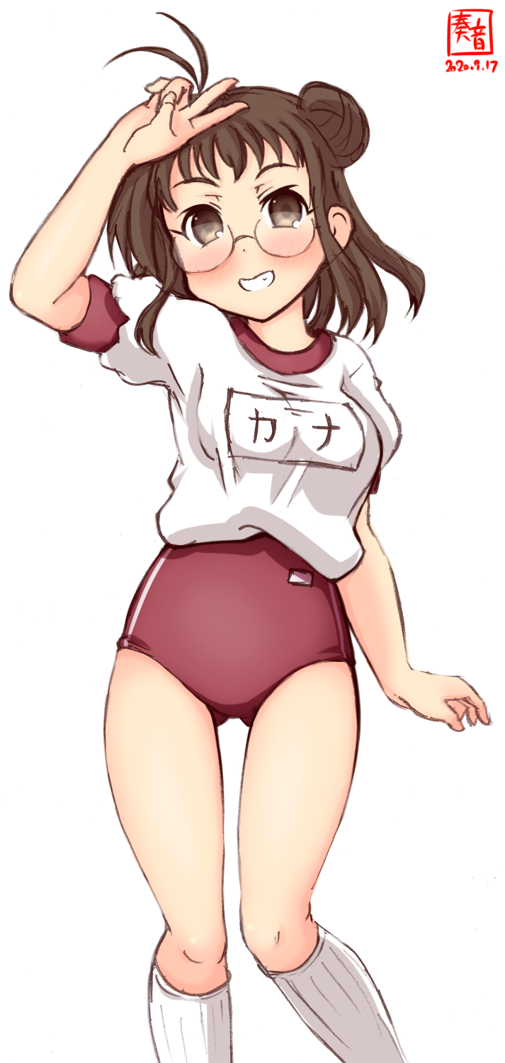 1girl alternate_costume antenna_hair artist_logo bespectacled brown_eyes brown_hair buruma commentary_request dated double_bun feet_out_of_frame glasses grin gym_uniform highres kanon_(kurogane_knights) kantai_collection kneehighs looking_at_viewer naka_(kantai_collection) name_tag red_buruma revision shirt short_sleeves simple_background smile solo standing t-shirt white_background white_legwear white_shirt