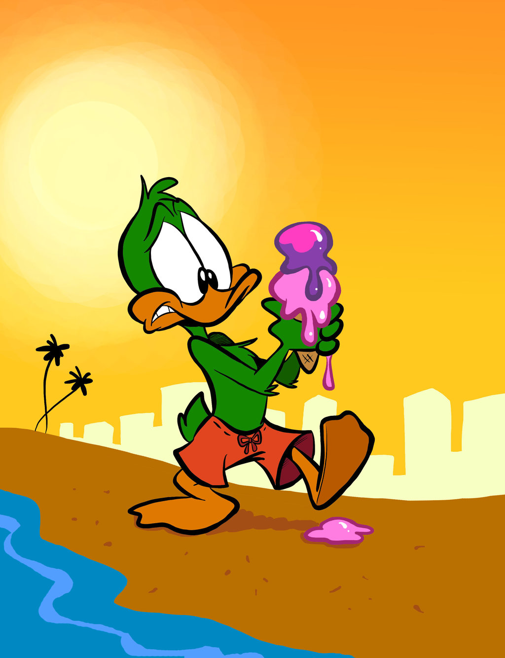 anatid anseriform anthro avian beach bird bottomwear clothing dessert duck food hi_res ice_cream juneduck21 male plucky_duck seaside shorts solo swimming swimming_trunks swimwear tiny_toon_adventures warner_brothers young