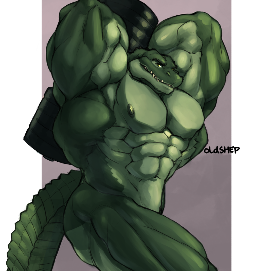 1:1 2019 abs alligator alligatorid anthro barazoku barbell big_muscles convenient_censorship crocodilian exercise green_body hands_behind_head huge_muscles hyper hyper_muscles looking_at_viewer male muscular muscular_anthro muscular_male navel nipples nude obliques oldshep pecs quads reptile scalie simple_background smile solo standing weightlifting workout