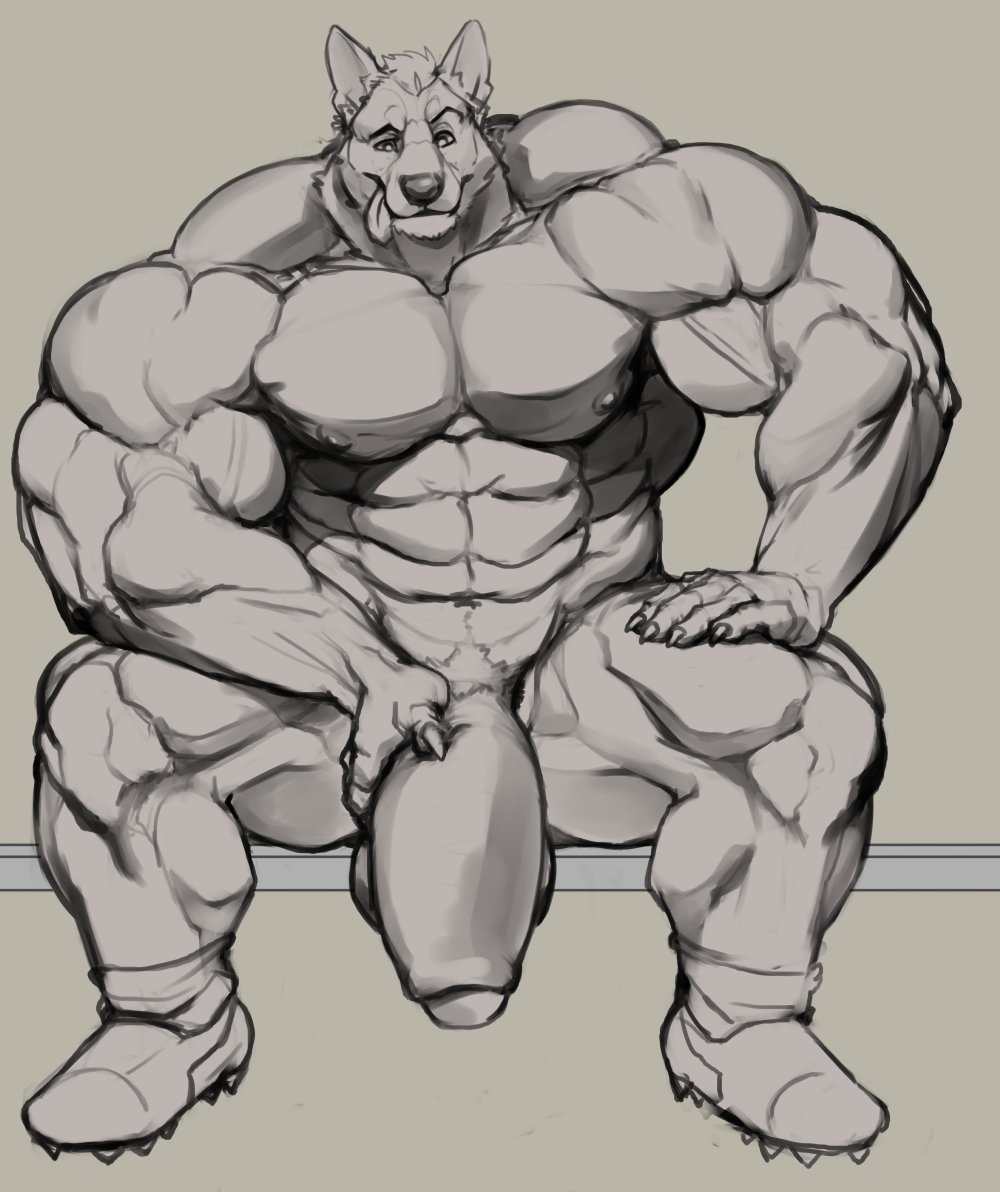 2020 abs anthro balls barazoku biceps big_muscles big_penis black_and_white canid canine canis clothing domestic_dog flaccid footwear genitals huge_muscles huge_penis hyper hyper_muscles looking_at_viewer male mammal monochrome muscular muscular_anthro muscular_male navel nipples nude obliques oldshep pecs penis shoes sitting smile socks solo tongue tongue_out uncut vein veiny_muscles