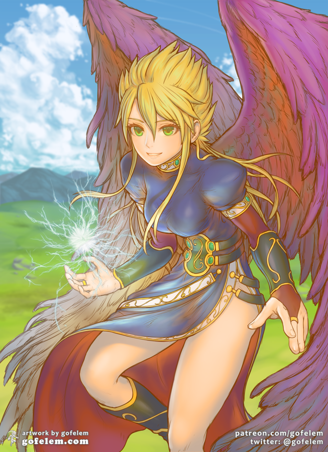 1girl blonde_hair boots breasts breath_of_fire breath_of_fire_ii bridal_gauntlets commentary dress gofelem green_eyes knee_boots long_hair looking_at_viewer magic nina_(breath_of_fire_ii) purple_wings side_slit solo wings