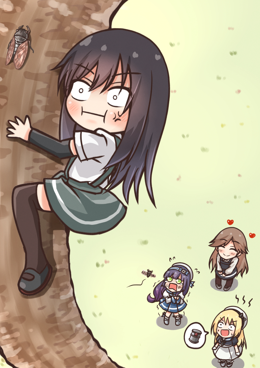 4girls arashio_(kantai_collection) arm_warmers asashio_(kantai_collection) black_hair black_legwear blonde_hair blue_sailor_collar bug cicada comiching dress drum_(container) eyebrows_visible_through_hair hat highres insect jervis_(kantai_collection) kantai_collection long_hair long_sleeves matsuwa_(kantai_collection) multiple_girls open_mouth sailor_collar shirt short_sleeves skirt smile suspenders thighhighs tree white_dress white_shirt