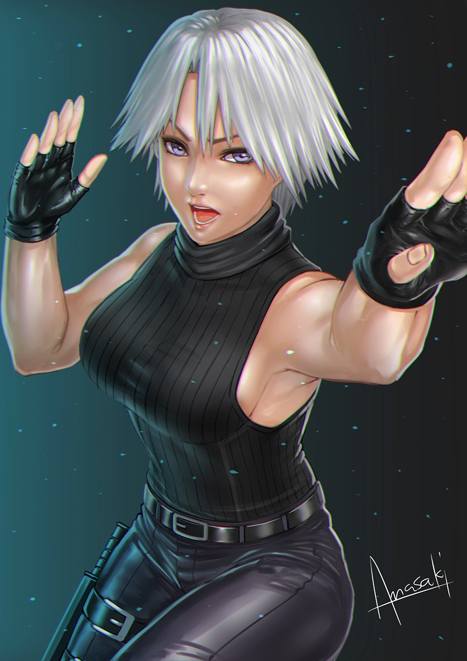 1girl amasaki_yusuke artist_name blue_eyes breasts christie_(doa) dead_or_alive fighting_stance highres leaning_back looking_up medium_breasts open_mouth short_hair sleeveless solo thigh_strap white_hair