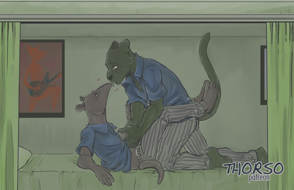 2020 anteater anthro anthro_on_anthro beastars bed bottomwear clothed clothing duo felid furniture interspecies kibi_(beastars) kissing male male/male mammal on_bed pantherine pants pilosan shirt side_view tao_(beastars) thorso_the_vile topwear undressing xenarthran