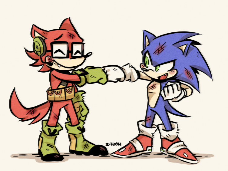 2017 anthro belt biped blue_body blue_fur boots canid canine canis clothing custom_character_(sonic_forces) digital_media_(artwork) duo eulipotyphlan eyes_closed eyewear fist fist_bump footwear fur gadget_the_wolf gesture glasses gloves green_eyes handwear hedgehog male mammal microphone open_mouth open_smile red_body red_fur scratches shoes simple_background smile sonic_forces sonic_the_hedgehog sonic_the_hedgehog_(series) standing white_background wolf wounded z-t00n