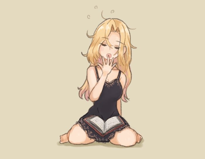 1girl =_= barefoot beige_background black_negligee blonde_hair book closed_eyes full_body head_tilt hornet_(kantai_collection) kantai_collection long_hair otoufu simple_background sitting solo wariza yawning